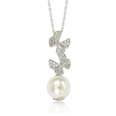 Suzy Levian Sterling Silver Pearl And White Sapphire Butterfly Pendant In Blue