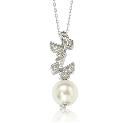 Suzy Levian Sterling Silver Pearl And White Sapphire Butterfly Pendant In Blue