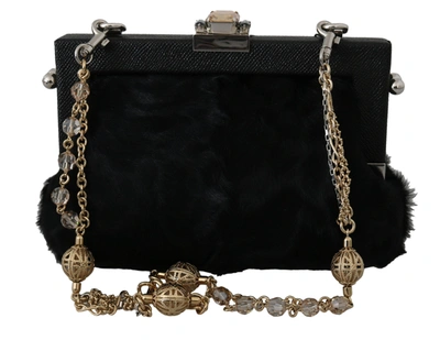 Shop Dolce & Gabbana Fur Brocade Crystal Shoulder Vanda Women's Purse In Black