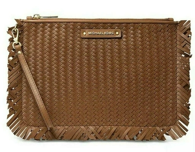 Shop Michael Kors Jet Set Woven Leather Large Zi Ouch Clutch Wristlet & Gift Box In Brown
