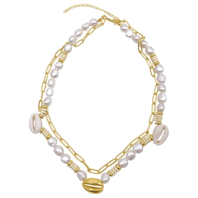 Shop Adornia Pearl And Shell With Paper Clip Chain Double Necklace Gold In White