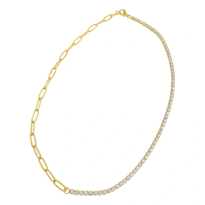 Shop Adornia Half Tennis Necklace And Paper Clip Chain Gold In Yellow