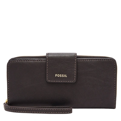 Shop Fossil Women's Madison Leather Zip Clutch In Black