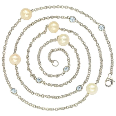 Suzy Levian Sterling Silver White Sapphire And Pearl By-the-yard 26" Station Necklace In White
