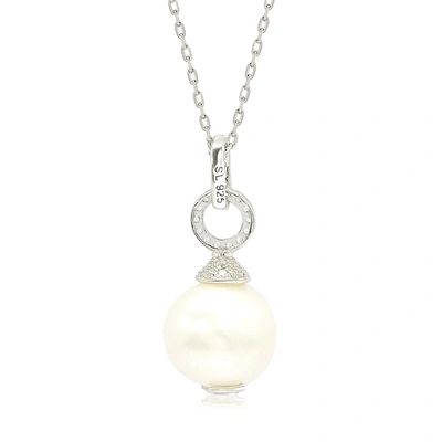 Suzy Levian Sterling Silver Pearl & White Sapphire Dangle Pendant In White