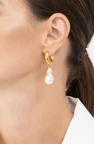 Adornia 14k Yellow Gold Plated Shell Pearl Drop Huggie Earrings In Silver