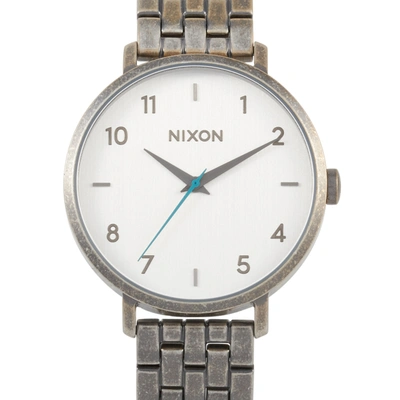 Shop Nixon Arrow 38 Mm Silver / Antique Stainless Steel Watch A1090 2701 In White