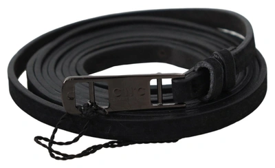 Costume National Black Leather Skinny Logo Buckle Belt In Black