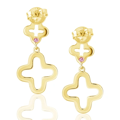 Shop Suzy Levian Cubic Zirconia Golden Sterling Silver Double Clover Dangle Earrings In Yellow