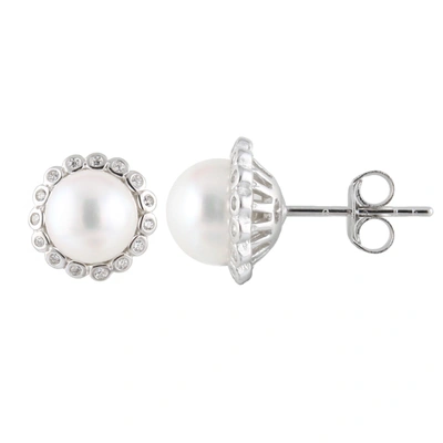 Splendid Pearls Sterling Silver Halo 7-7.5mm Freshwater Pearl Studs In Silver