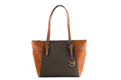 Shop Michael Kors Charlotte Signature Leather Large Top Zip Tote Handbag Bag Women's In Brown