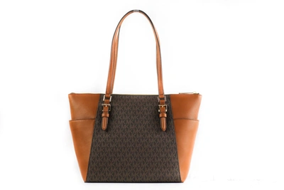 Shop Michael Kors Charlotte Signature Leather Large Top Zip Tote Handbag Bag Women's In Brown