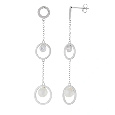 Shop Splendid Pearls Fancy Triple Stationed Cz 6-6.5mm Freshwater Pearl Earrings In Silver