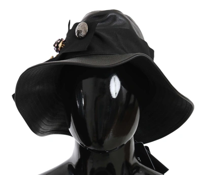 Shop Dolce & Gabbana Leather Dg Coin Crystal Wide Brim Women's Hat In Black
