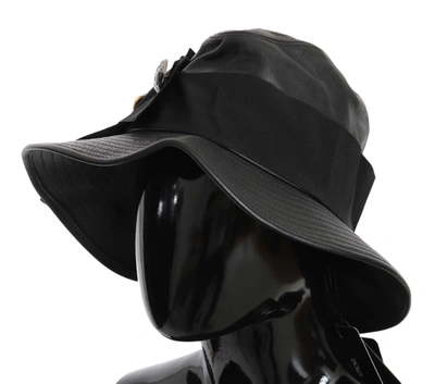 Shop Dolce & Gabbana Leather Dg Coin Crystal Wide Brim Women's Hat In Black