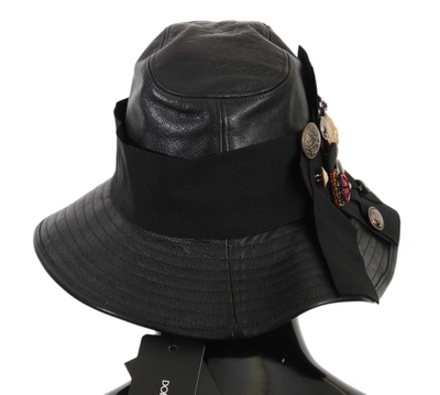 Shop Dolce & Gabbana Leather Dg Coin Crystal Wide Brim Women's Hat In Black