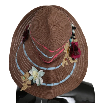 Shop Dolce & Gabbana Floral Wide Brim Straw Floppy Cap Women's Hat In Brown