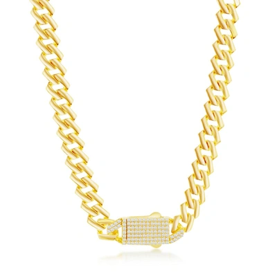 Simona Sterling Silver 9mm Monaco Chain W/micro Pave Cz Lock - Gold Plated In Gold