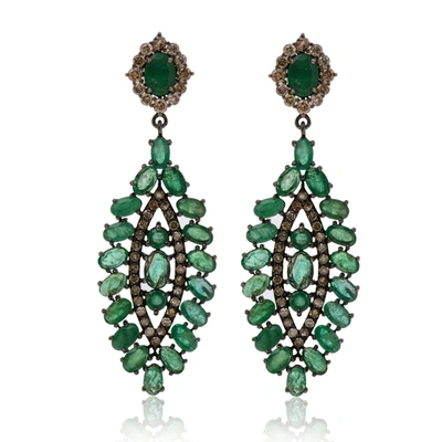 Shop Bavna Sterling Silver, Emerald 12.62ct. Tw. And Champagne Diamond 1.72ct. Tw. Drop Earrings In Green