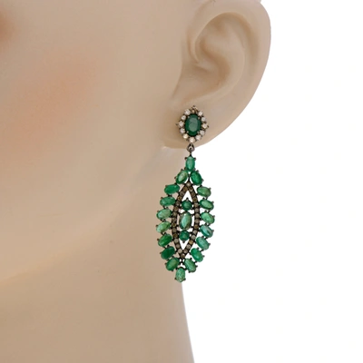 Shop Bavna Sterling Silver, Emerald 12.62ct. Tw. And Champagne Diamond 1.72ct. Tw. Drop Earrings In Green