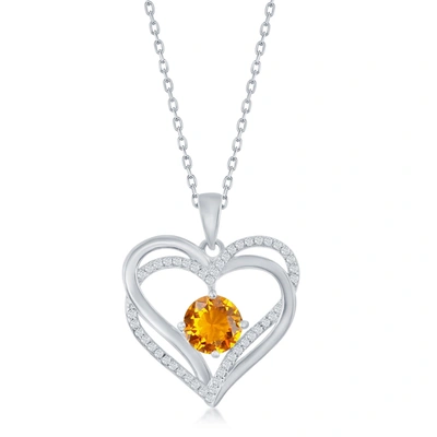 Shop Simona Sterling Silver Double Heart Cz Pendant W/chain In Yellow