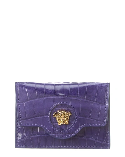 Shop Versace La Medusa Croc-embossed Leather Card Holder In Purple