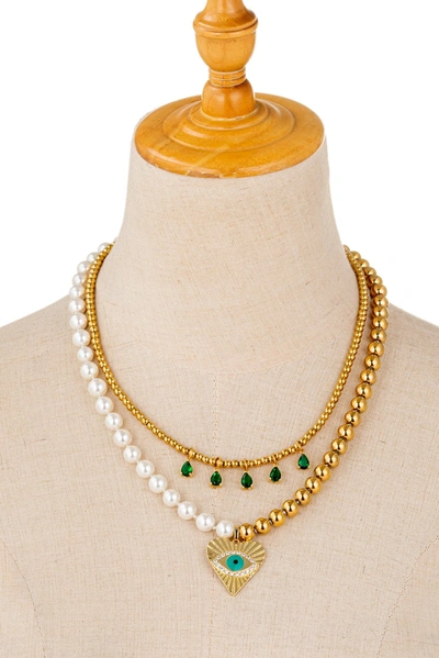 Eye Candy La Luxe Collection Shell Pearl Cz Eye Heart Necklace In White