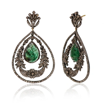 Shop Bavna Sterling Silver, Emerald 7.40ct. Tw. And Diamonds 7.74ct. Tw. Drop Earrings In Green