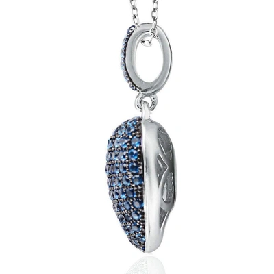 Suzy Levian Blue Cubic Zirconia Blackened Sterling Silver Pave Heart Pendant In Blue
