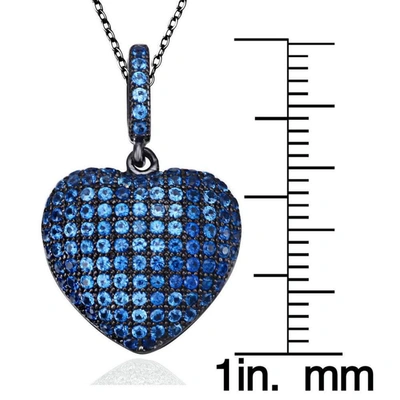 Suzy Levian Blue Cubic Zirconia Blackened Sterling Silver Pave Heart Pendant In Blue