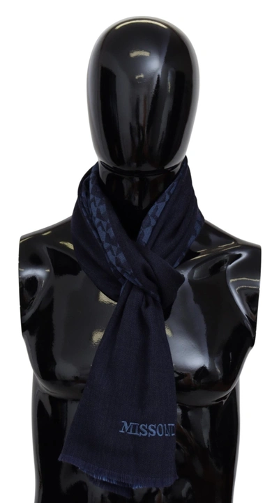 Shop Missoni Navy Wool Knit Unisex Neck Wrap Fringe Shawl Men's Scarf In Grey
