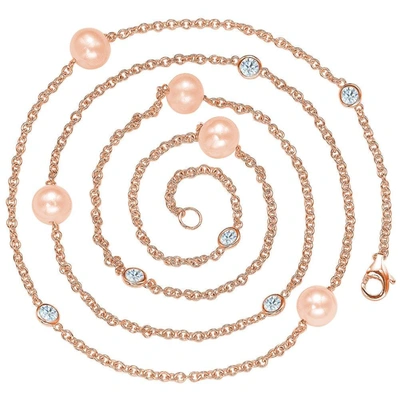 Suzy Levian Rosed Sterling Silver White Sapphire And Pearl By-the-yard 46" Station Necklace In Pink