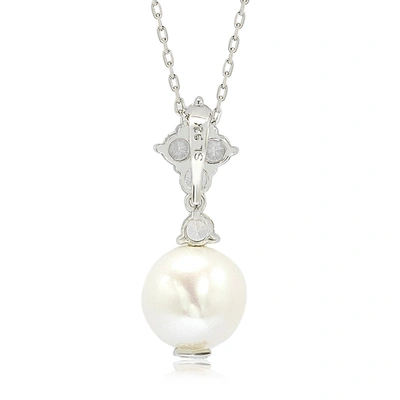 Suzy Levian Sterling Silver Pearl & White Sapphire Cluster Pendant In White