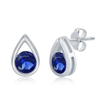 Simona Sterling Silver Round Sapphire Teardrop Stud Earrings In Blue
