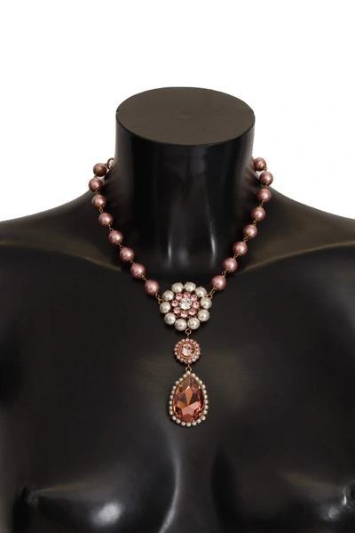 Shop Dolce & Gabbana Tone Brass Pink Beaded Pearls Crystal Pendant Women's Necklace In Black