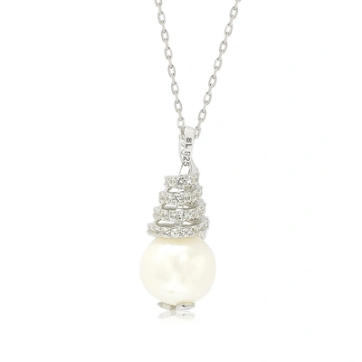 Suzy Levian Sterling Silver Pearl & White Sapphire Swirl Pendant In White