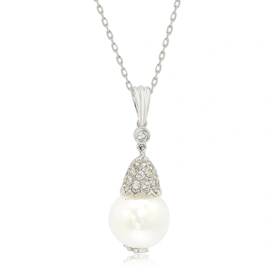 Suzy Levian Sterling Silver Pearl & White Sapphire Crown Pendant In White