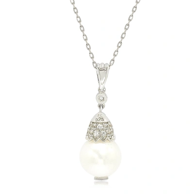 Suzy Levian Sterling Silver Pearl & White Sapphire Crown Pendant In White