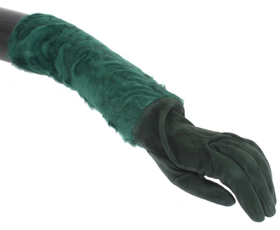 Shop Dolce & Gabbana Leather Xiangao Fur Elbow Women's Gloves In Green