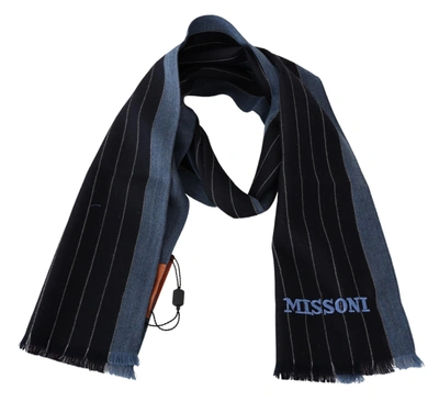 Missoni Multicolor Wool Striped Unisex Wrap Fringes Shawl In Blue