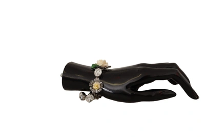 Shop Dolce & Gabbana Brass Chain Clear Crystal Floral Women's Bracelet In Black