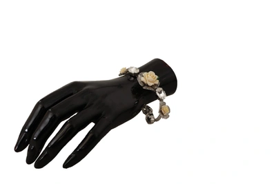 Shop Dolce & Gabbana Brass Chain Clear Crystal Floral Women's Bracelet In Black