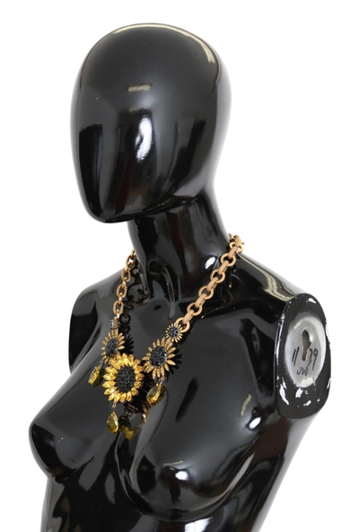 Shop Dolce & Gabbana Brass Chain Crystal Sunlower Pendants Women's Necklace In Black