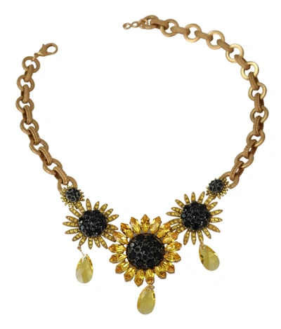 Shop Dolce & Gabbana Brass Chain Crystal Sunlower Pendants Women's Necklace In Black