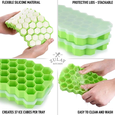 Zulay Kitchen Silicone Honeycomb Shaped Flexible Ice Trays With Removable Lid In Green
