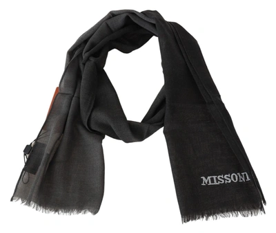 Missoni Gray Wool Unisex Neck Wrap Shawl Fringes Logo Scarf In Black