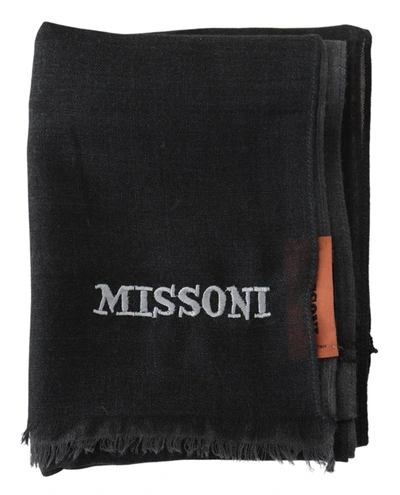 Missoni Gray Wool Unisex Neck Wrap Shawl Fringes Logo Scarf In Black