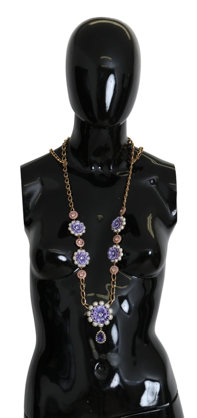 Shop Dolce & Gabbana Tone Floral Crystals  Embellished Women's Necklace In Gold