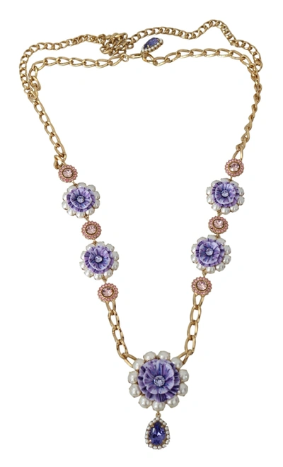 Shop Dolce & Gabbana Tone Floral Crystals  Embellished Women's Necklace In Gold