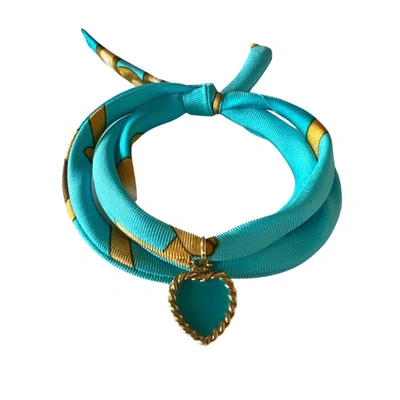 Akalia Turquoise Hand Printed Silk Twill Bracelet Sterling Silver Gold Plated Enamel Love Charm In Blue